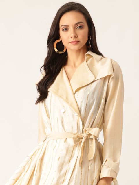 

Sangria Women Off-White & Golden Foil Print Striped Trench Coat Jacket Dress