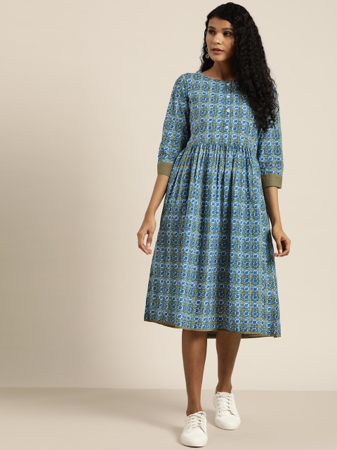 

Sangria Women Blue Printed A-Line Midi Dress