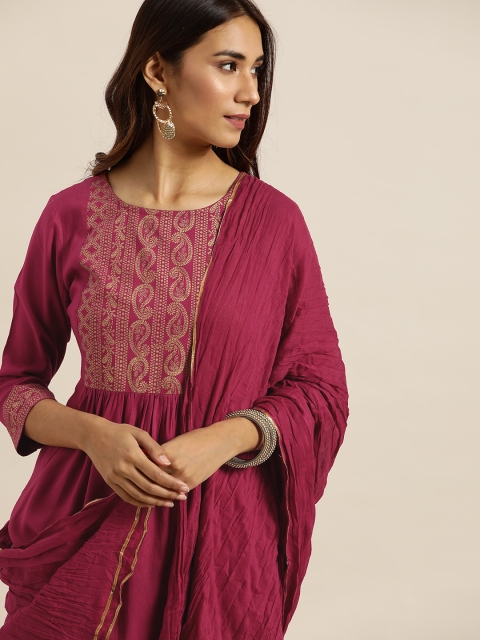 Women Magenta & Golden Printed Kurta with Palazzos & Dupatta