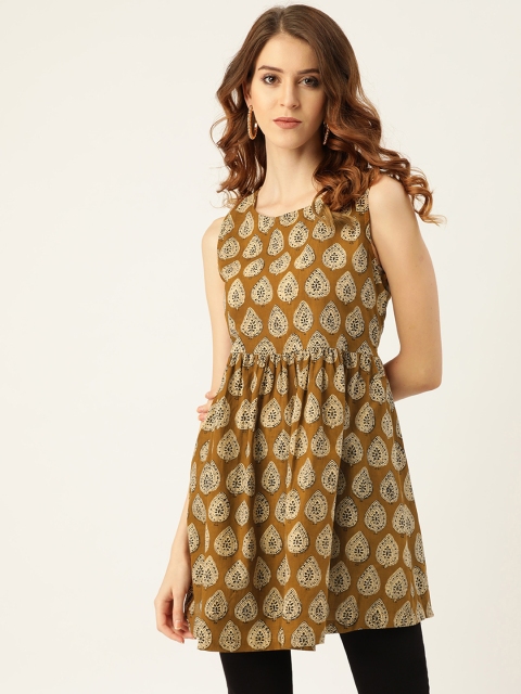 

Sangria Women Mustard Brown & Beige Printed A-Line Pure Cotton Top