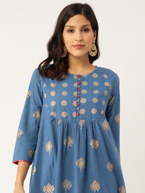 

Sangria Women Blue & Golden Khadi Printed Flared Kurta Set