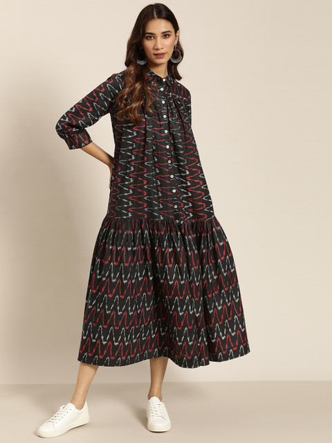

Sangria Women Black & Red Abstract Print Midi Drop-Waist Dress with Gathered Detail