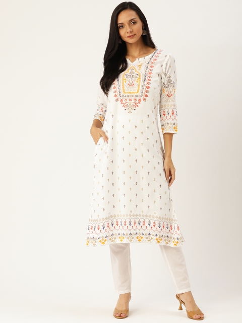 

Sangria Women White and Yellow Printed Straight Kurta