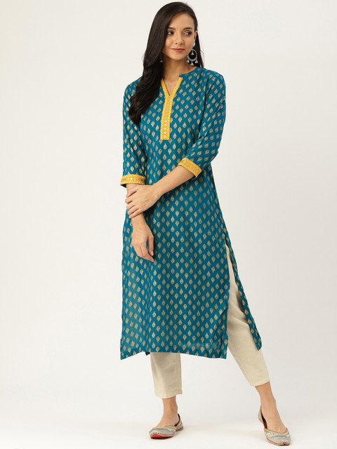 

Sangria Women Teal Blue & Golden Printed Straight Kurta
