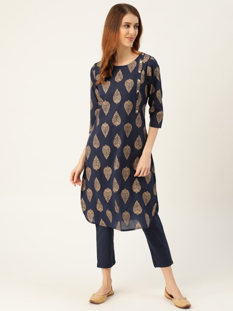 

Sangria Women Navy Blue & Golden Printed Kurta with Trousers