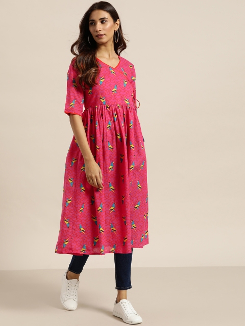 

Sangria Women Pink & Yellow Quirky Print Angrakha A-Line Kurta