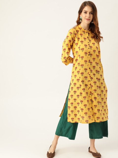 

Sangria Women Mustard Yellow & Red Block Print A-Line Kurta