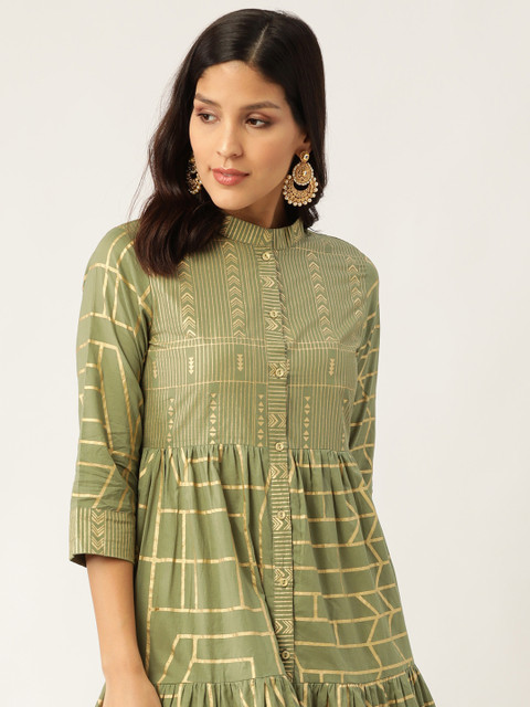

Sangria Women Green & Golden Khari Print Tiered A-Line Kurta