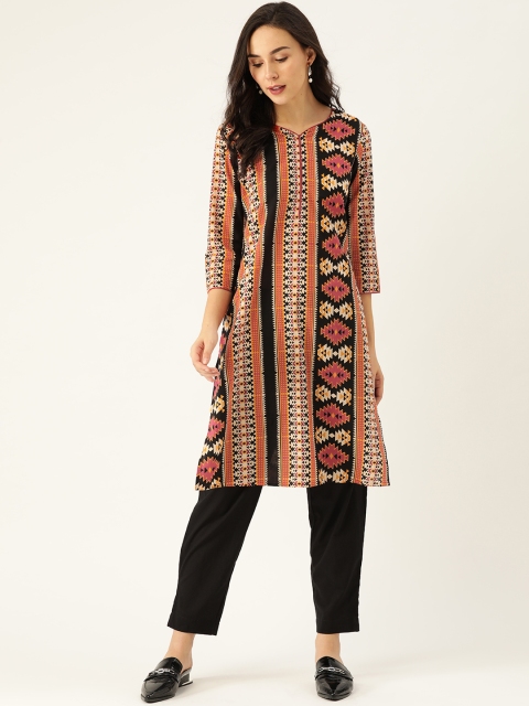 

Sangria Women Black & Off-White Geometric Printed Straight Kurta