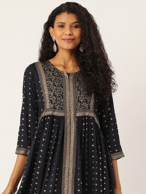 

Women Navy Blue Color Gold Khari Printed Rayon Flared Dress