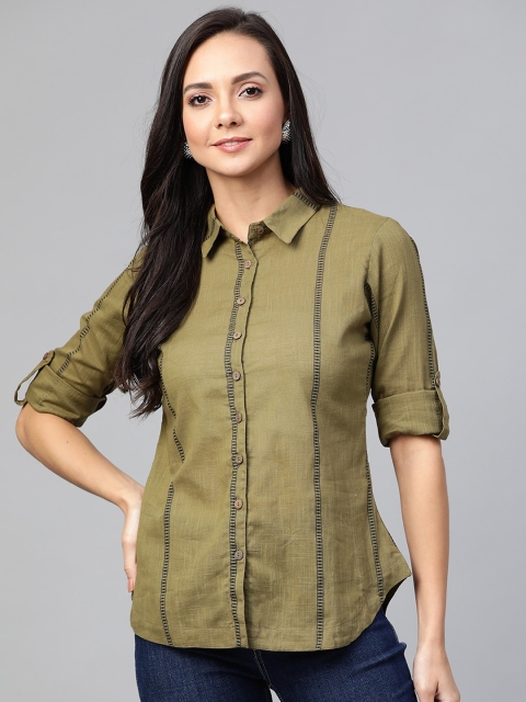 

Sangria Women Olive Green & Navy Blue Regular Fit Striped Casual Shirt