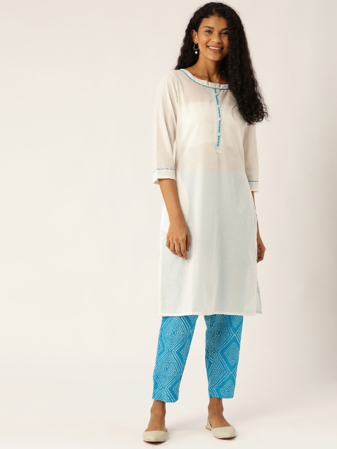 

Sangria Women White & Blue Solid Kurta with Trousers