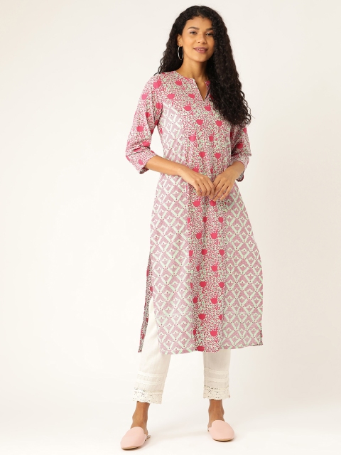 

Sangria Women Grey & Pink Printed Straight Kurta