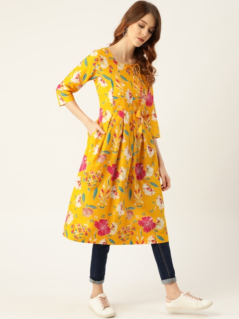 

Sangria Women Mustard Yellow & Pink Floral Print A-Line Kurta