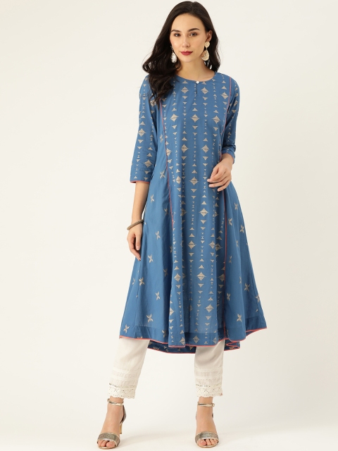 

Sangria Women Blue & Golden Khari Print Panelled A-Line Kurta