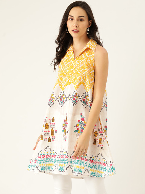 

Sangria Women White & Mustard Yellow Printed A-Line Pure Cotton Top
