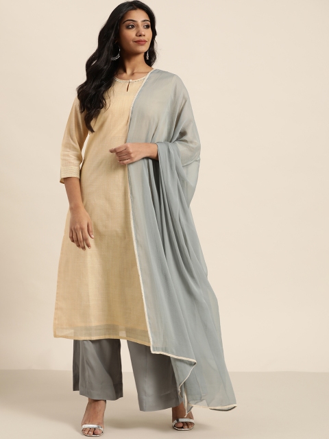 

Sangria Women Cream-Coloured & Grey Chanderi Straight Kurta Palazzo Dupatta Set
