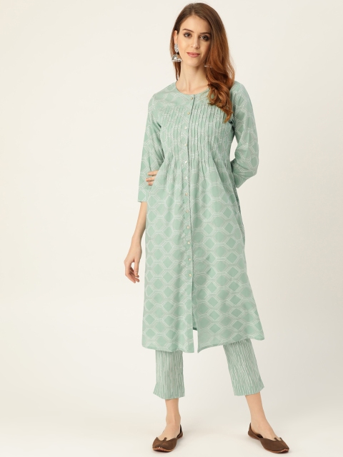 

Sangria Women Green & White Printed Kurta with Trousers