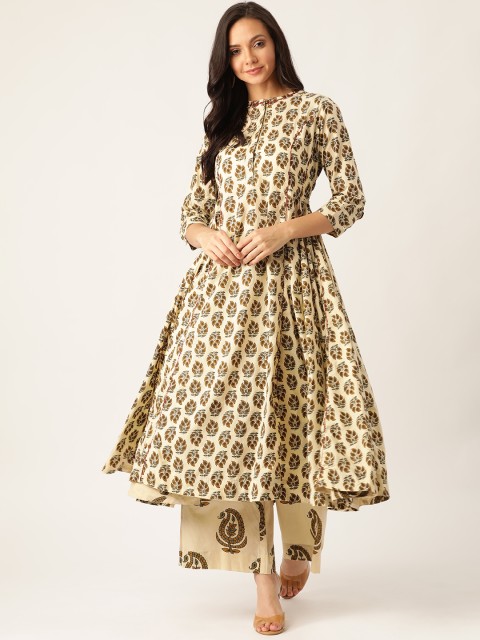 

Sangria Women Cream-Coloured & Green Printed Kurta with Palazzos