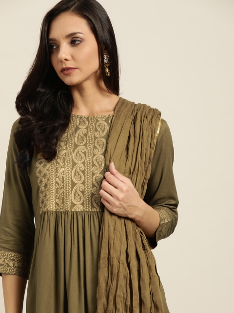

Sangria Women Olive Green & Golden Paisley Khari Print Kurta with Palazzos & Dupatta