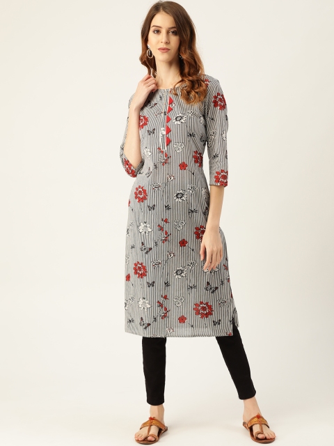 

Sangria Women Black & White Floral Print Straight Kurta
