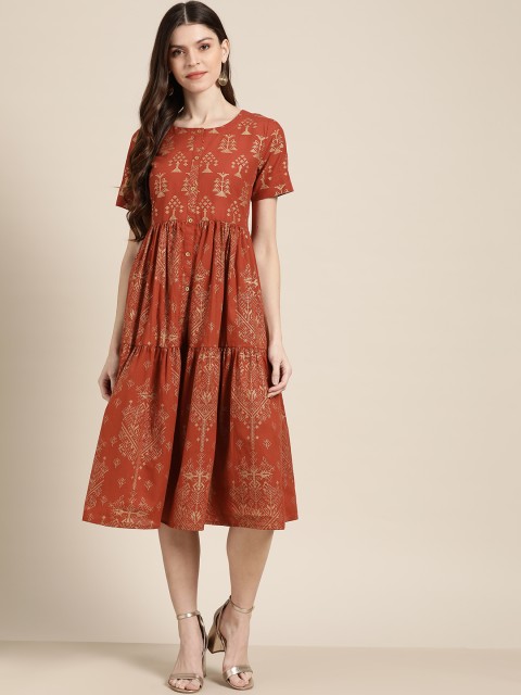 

Sangria Women Rust Red & Golden Printed Tiered Fit & Flare Midi Dress