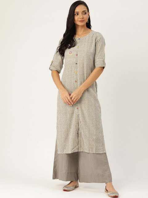

Sangria Women Grey & Off-White Striped Kurta with Palazzos