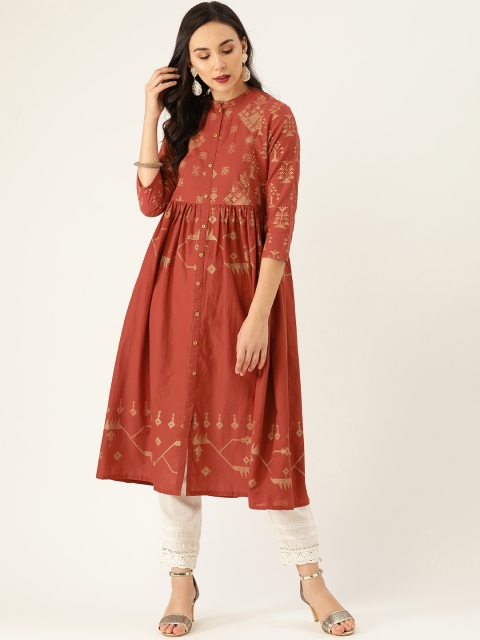 

Sangria Women Rust Color Abstarct Geo Dull Gold Khari Printed Kurta Anarkali Kurta