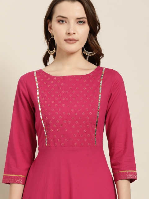 

Sangria Women Fuschia & Gold Khadi Printed Border Anarkali Kurta, Fuchsia