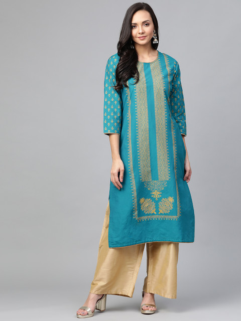 

Sangria Women Green & Golden Printed Straight Kurta