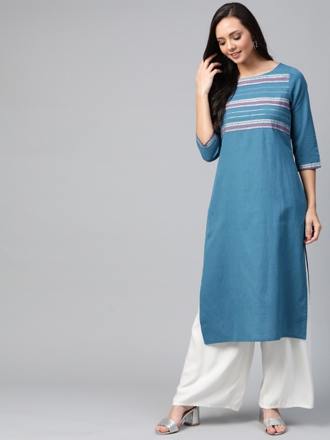 

Sangria Women Teal Blue & Silver Yoke Design Straight Kurta