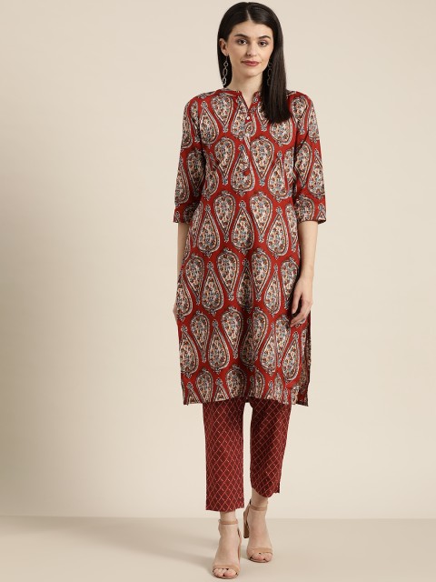 

Sangria Women Rust Red & Blue Paisley Print Straight Kurta with Trousers