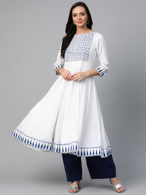 

Sangria Women White & Blue Yoke Design Anarkali Kurta