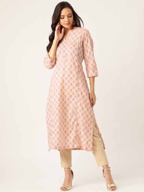 

Sangria Women Peach-Coloured & Pink Printed Straight Kurta
