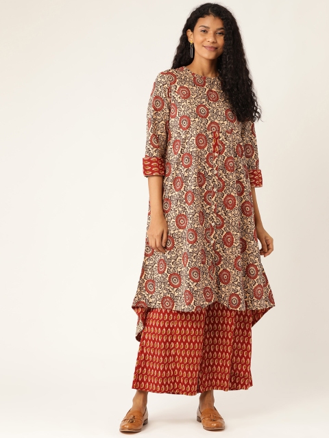 

Sangria Women Beige & Maroon Printed Kurta with Palazzos