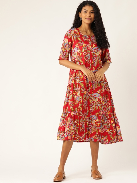 

Sangria Women Red & Blue Floral Print Tiered A-Line Dress