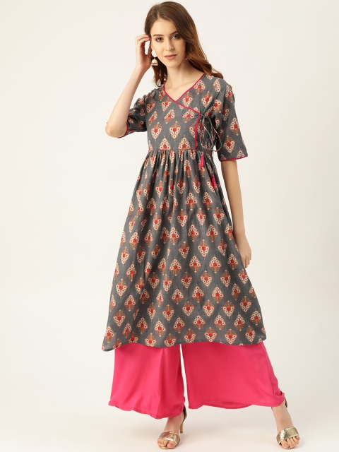 

Sangria Women Grey & Pink Printed Angrakha A-Line Kurta