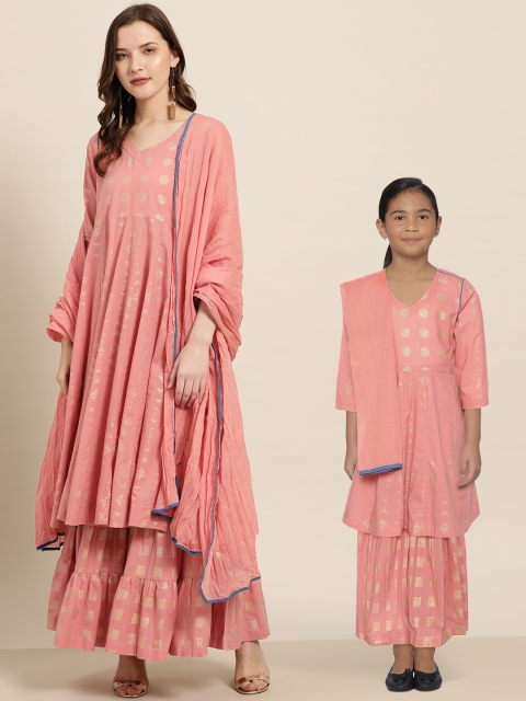 

Sangria Women Peach-Coloured & Golden Printed A-Line Kurta with Sharara & Dupatta