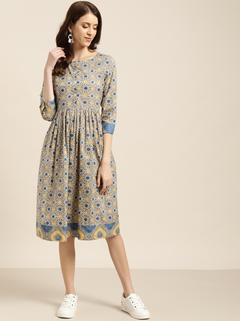 

Sangria Women Grey & Blue Printed A-Line Dress