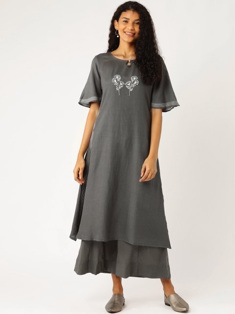 

Sangria Women Charcoal Grey & White Embroidered Detail Kurta with Palazzos