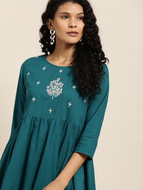 

Women Teal Blue Floral Zari Embroidered Cotton Kurta