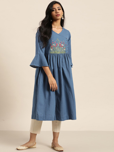 

Sangria Women Blue Floral Embroidered Detail Solid Angrakha A-Line Kurta