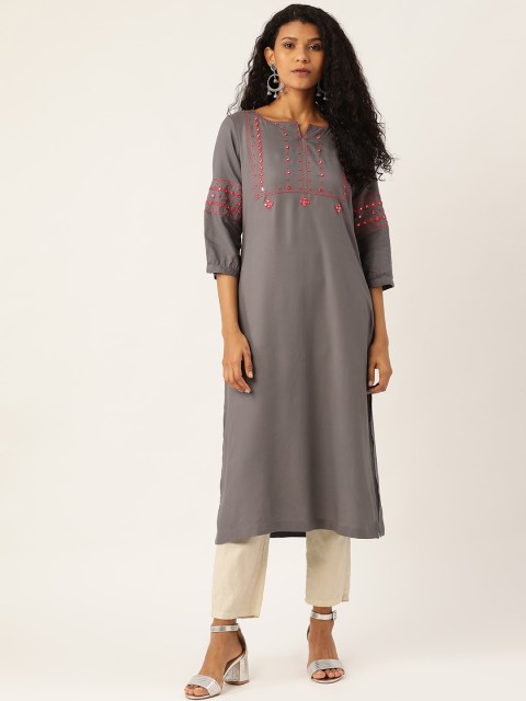 

Sangria Women Charcoal Grey Yoke Design Straight Kurta