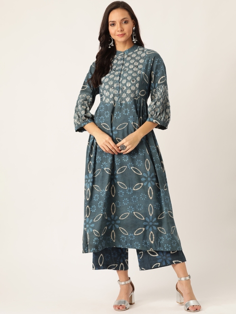 

Sangria Women Navy Blue & Off-White Printed Kurta with Palazzos
