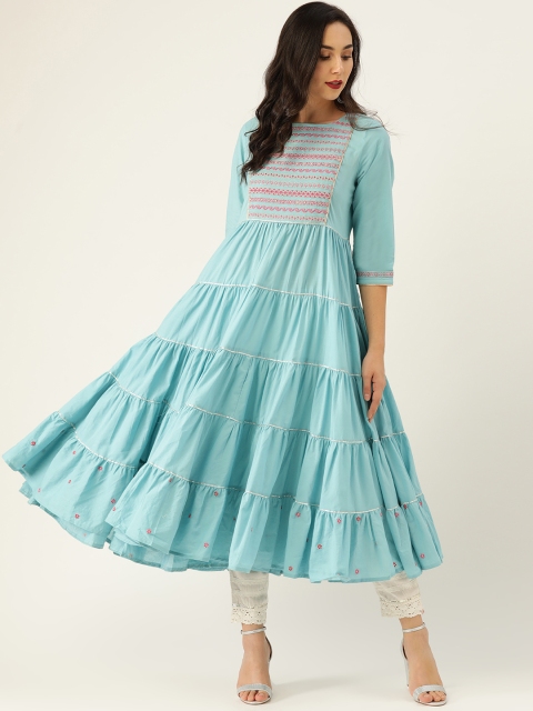 

Sangria Women Blue & Pink Yoke Design Tiered Anarkali Kurta