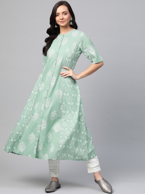 

Sangria Women Green & White Ethnic Print A-Line Kurta