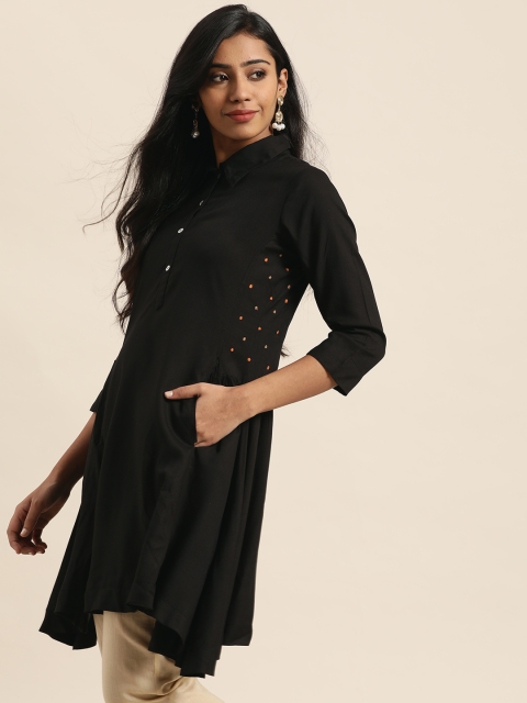 

Sangria Women Black Solid A-Line Kurta with Embellished Detail