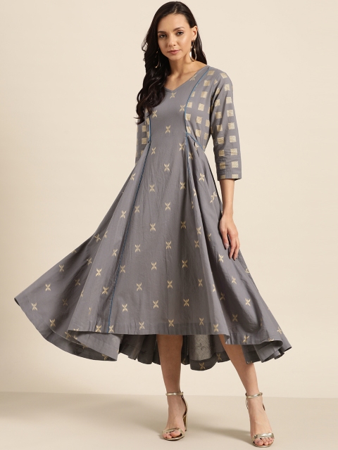 

Sangria Women Grey & Golden Printed Pure Cotton A-Line Asymmetric Dress