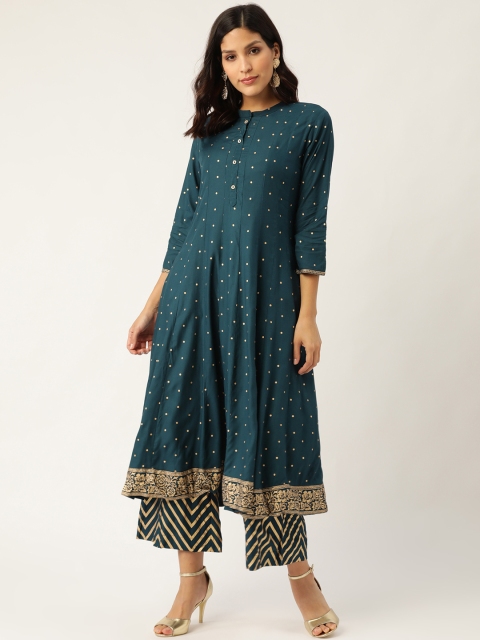 

Sangria Women Teal Blue & Golden Polka Dots Khari Print Anarkali Kurta with Palazzos