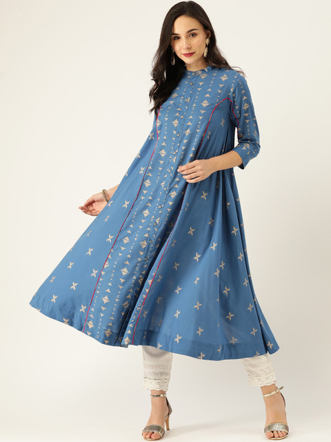 

Sangria Women Blue & Golden Khari Print Panelled Anarkali Kurta
